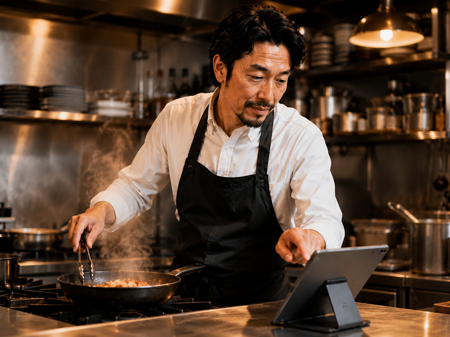 注文対応をタブレットで確認するオーナー